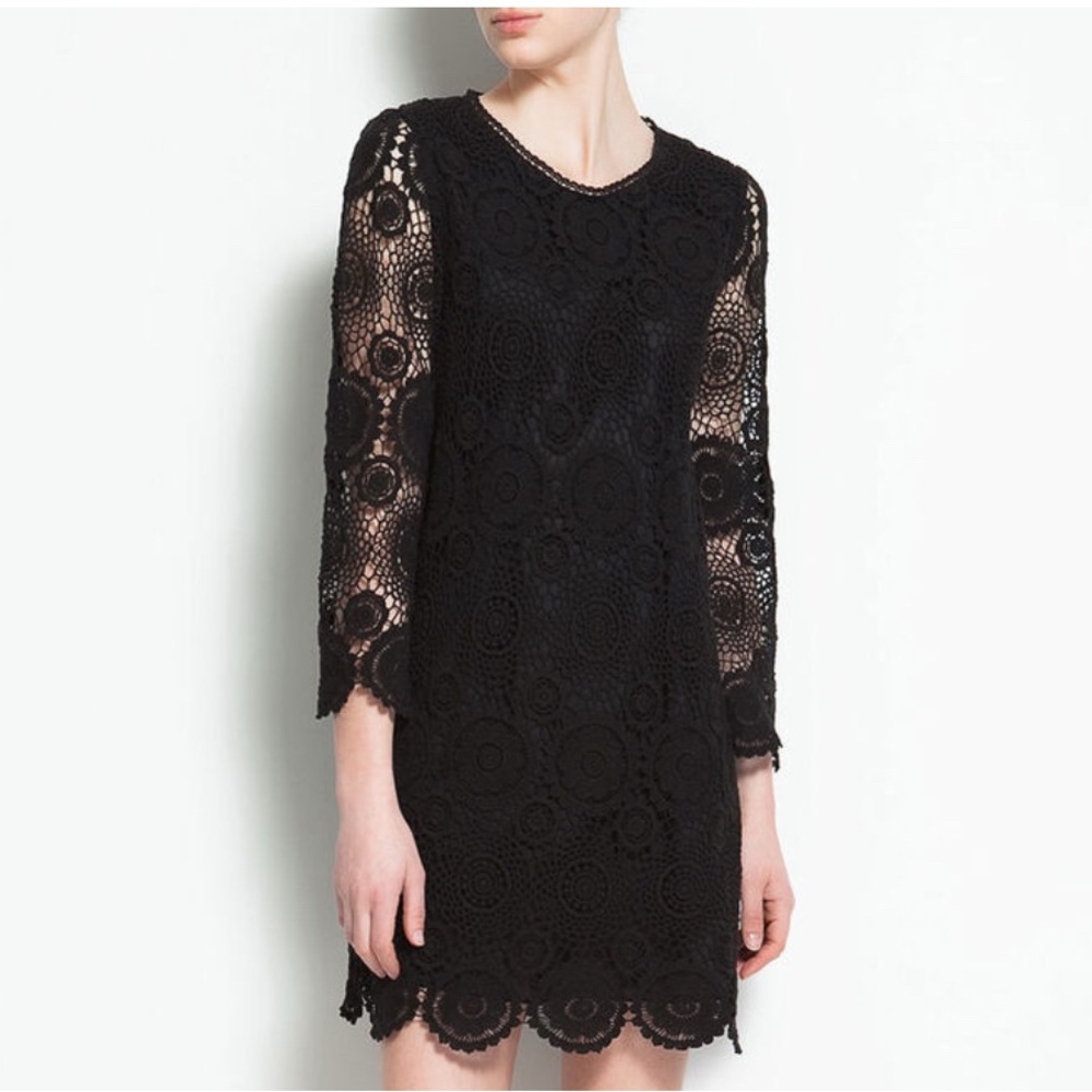 ZARA | Black Crochet Cotton Mini Scalloped Shift Boho Dress